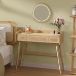 Casa si Gradina - Mobilier - Comode si corpuri - Masute de toaleta - Masuta de toaleta cu oglinda iluminata LED, 3 sertare aspect ratan, stil boho, MDF si lemn, 88x43x82 cm, bej - Infinity.ro