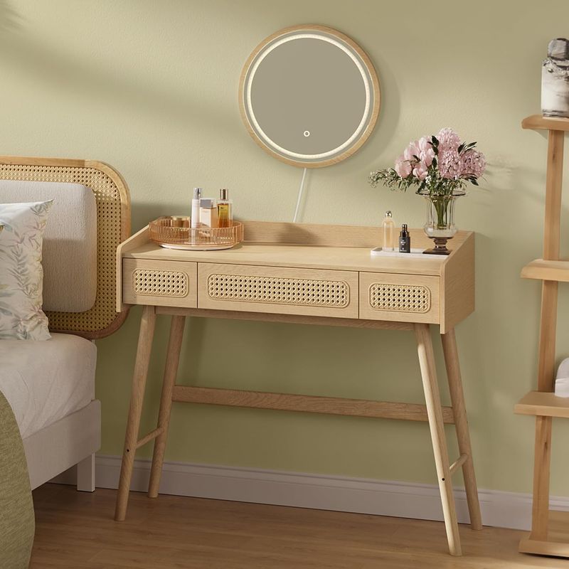 Casa si Gradina - Mobilier - Comode si corpuri - Masute de toaleta - Masuta de toaleta cu oglinda iluminata LED, 3 sertare aspect ratan, stil boho, MDF si lemn, 88x43x82 cm, bej - Infinity.ro