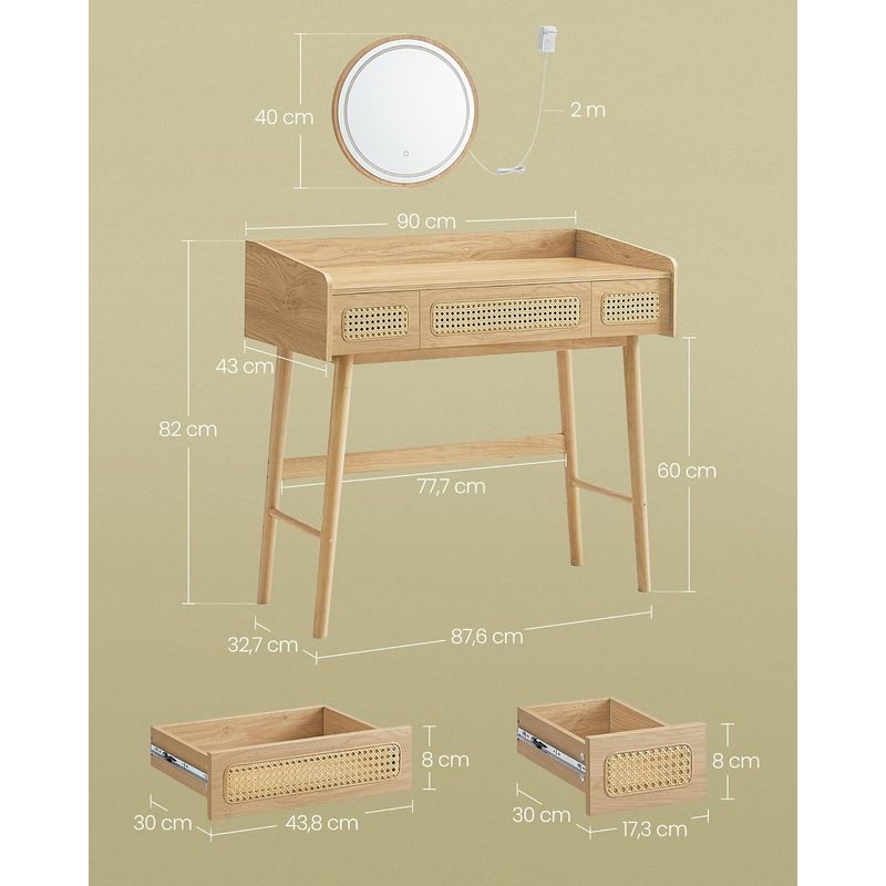 Casa si Gradina - Mobilier - Comode si corpuri - Masute de toaleta - Masuta de toaleta cu oglinda iluminata LED, 3 sertare aspect ratan, stil boho, MDF si lemn, 88x43x82 cm, bej - Infinity.ro