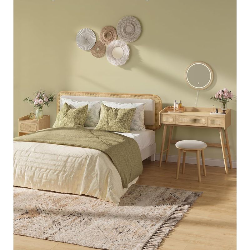 Casa si Gradina - Mobilier - Comode si corpuri - Masute de toaleta - Masuta de toaleta cu oglinda iluminata LED, 3 sertare aspect ratan, stil boho, MDF si lemn, 88x43x82 cm, bej - Infinity.ro