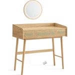 Casa si Gradina - Mobilier - Comode si corpuri - Masute de toaleta - Masuta de toaleta cu oglinda iluminata LED, 3 sertare aspect ratan, stil boho, MDF si lemn, 88x43x82 cm, bej - Infinity.ro