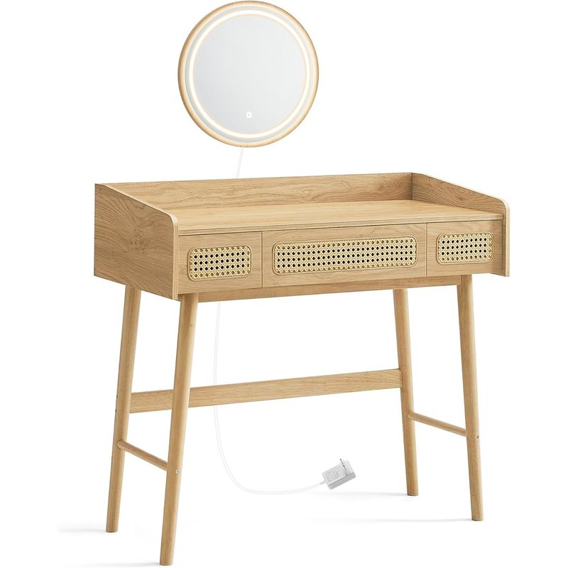 Casa si Gradina - Mobilier - Comode si corpuri - Masute de toaleta - Masuta de toaleta cu oglinda iluminata LED, 3 sertare aspect ratan, stil boho, MDF si lemn, 88x43x82 cm, bej - Infinity.ro