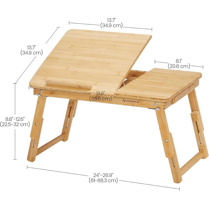 Casa si Gradina - Mobilier - Comode si corpuri - Noptiere - Masuta laptop sau mic dejun, din bambus, reglabila pe inaltime si unghi, cu sertar lateral, 68x35x22-32 cm, natural - Infinity.ro