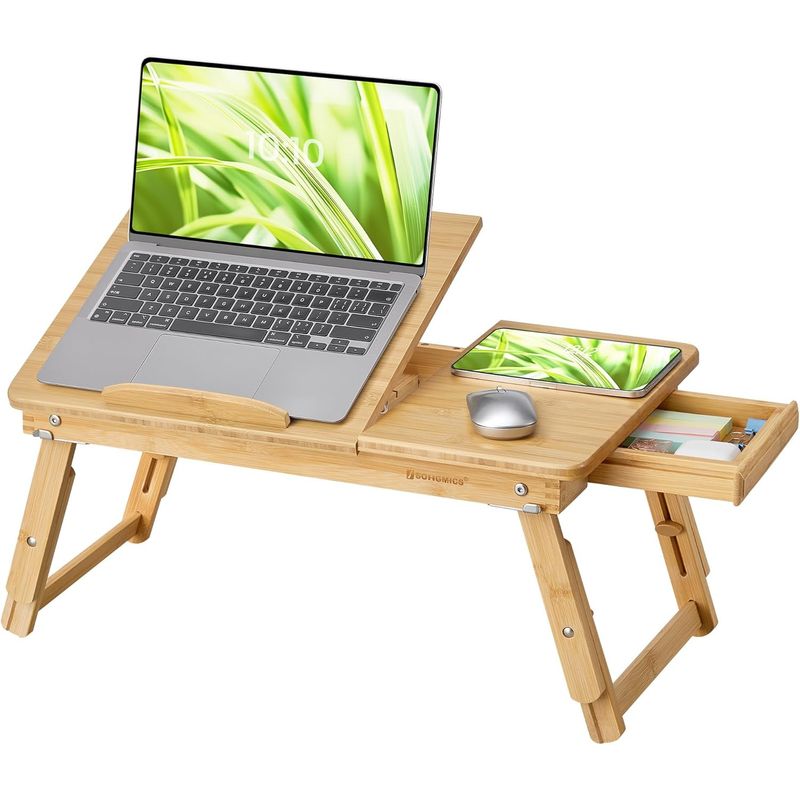 Casa si Gradina - Mobilier - Comode si corpuri - Noptiere - Masuta laptop sau mic dejun, din bambus, reglabila pe inaltime si unghi, cu sertar lateral, 68x35x22-32 cm, natural - Infinity.ro