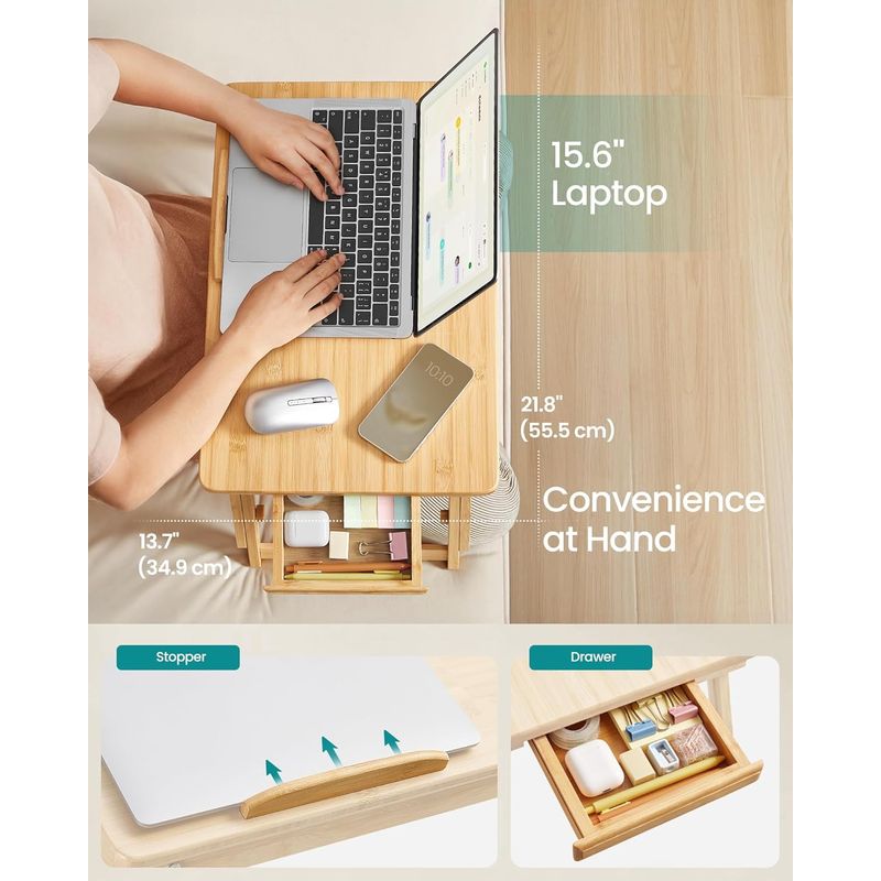 Casa si Gradina - Mobilier - Comode si corpuri - Noptiere - Masuta laptop sau mic dejun, din bambus, reglabila pe inaltime si unghi, cu sertar lateral, 68x35x22-32 cm, natural - Infinity.ro