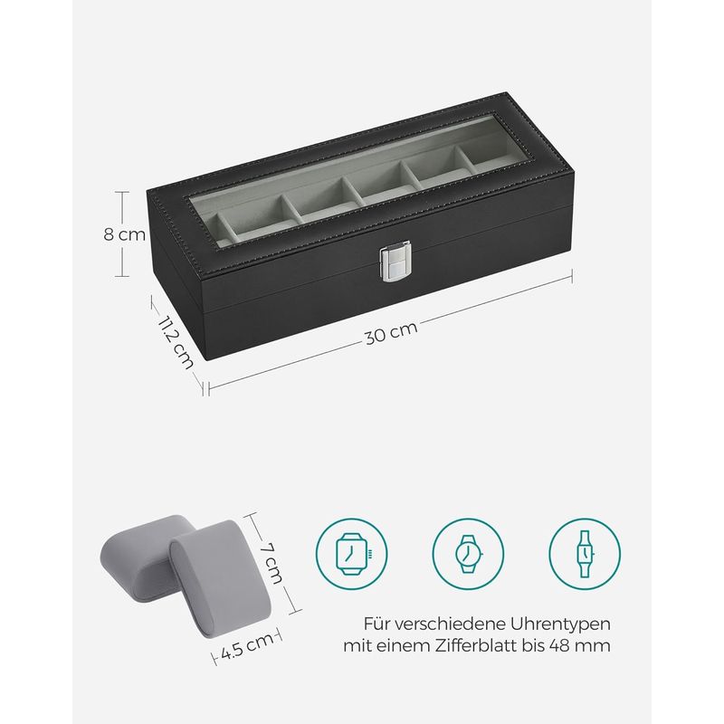 Casa si Gradina - Mobilier - Organizare si depozitare - Cutii depozitare - Cutie depozitare si organizare ceasuri, cu 6 locuri, MDF si PU, 11x30x8cm, negru - Infinity.ro