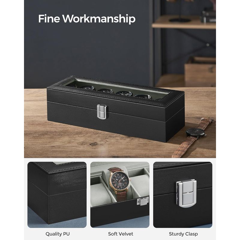 Casa si Gradina - Mobilier - Organizare si depozitare - Cutii depozitare - Cutie depozitare si organizare ceasuri, cu 6 locuri, MDF si PU, 11x30x8cm, negru - Infinity.ro