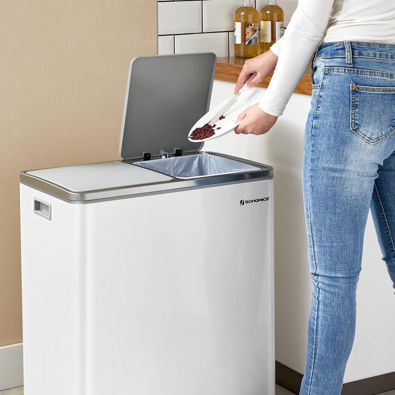 Casa si Gradina - Mobilier - Organizare si depozitare - Cosuri de gunoi - Cos gunoi dublu 59x32x65 cm, 2x30L, cu pedale si galeata detasabila, alb - Infinity.ro