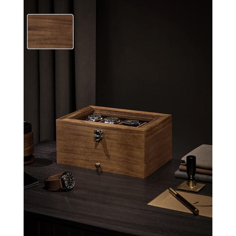 Casa si Gradina - Mobilier - Organizare si depozitare - Cutii depozitare - Cutie de ceasuri din lemn masiv, 8 compartimente si sertar bijuterii, 19x27x13cm, nuc rustic - Infinity.ro