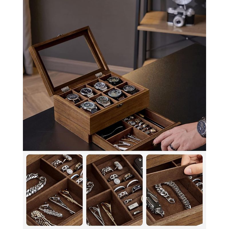 Casa si Gradina - Mobilier - Organizare si depozitare - Cutii depozitare - Cutie de ceasuri din lemn masiv, 8 compartimente si sertar bijuterii, 19x27x13cm, nuc rustic - Infinity.ro