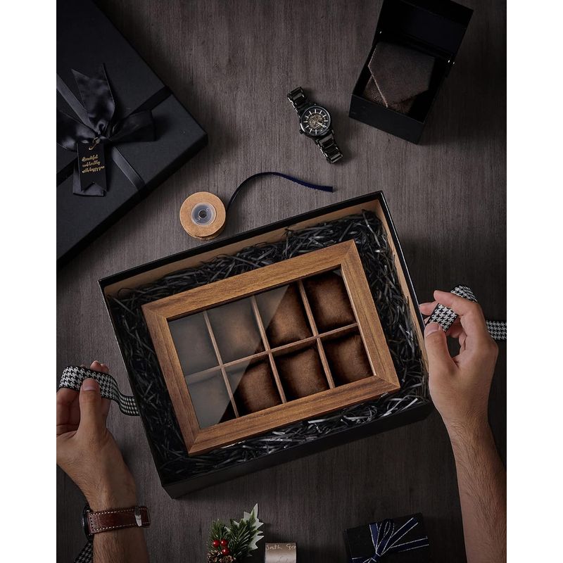 Casa si Gradina - Mobilier - Organizare si depozitare - Cutii depozitare - Cutie de ceasuri din lemn masiv, 8 compartimente si sertar bijuterii, 19x27x13cm, nuc rustic - Infinity.ro