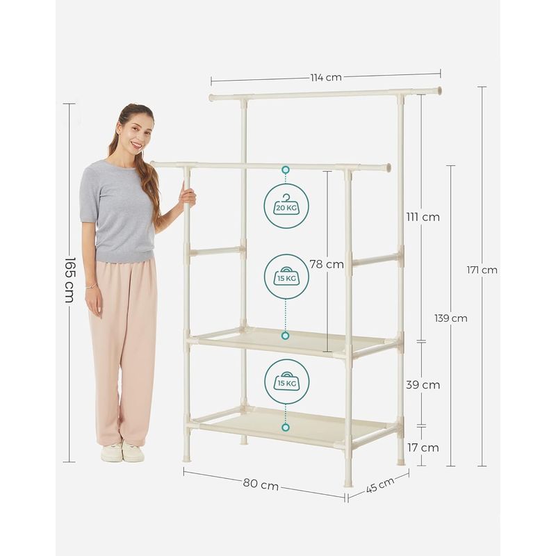 Casa si Gradina - Mobilier - Organizare si depozitare - Cuiere - Raft de haine cu bara dubla pentru umerase, 2 polite, incarcare 70 kg, 114x45x171cm, alb - Infinity.ro