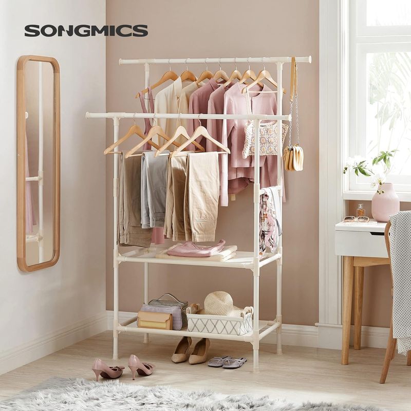Casa si Gradina - Mobilier - Organizare si depozitare - Cuiere - Raft de haine cu bara dubla pentru umerase, 2 polite, incarcare 70 kg, 114x45x171cm, alb - Infinity.ro