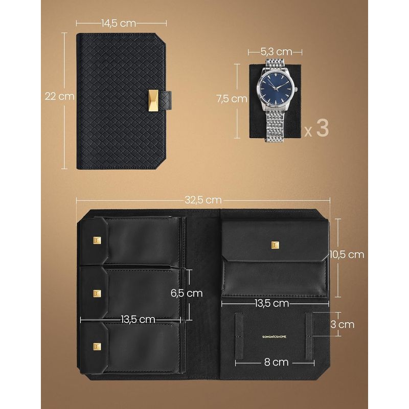 Casa si Gradina - Mobilier - Organizare si depozitare - Cutii depozitare - Cutie ceasuri Ronne Collection pentru 3 ceasuri, piele PU, cu compartiment secret, 22x15x5 cm, negru - Infinity.ro