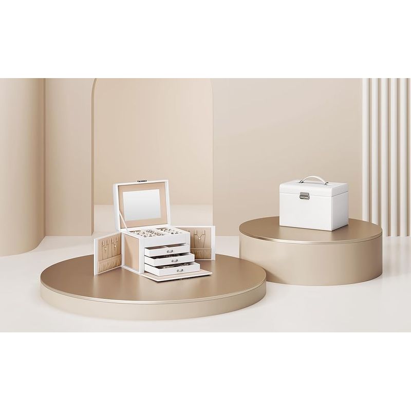 Fashion, accesorii si bijuterii - Femei - Bijuterii femei - Cutii bijuterii - Cutie de bijuterii cu 4 nivele, 3 sertare, oglinda si incuietoare, 18x23x17cm, alb - Infinity.ro