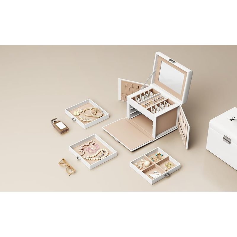 Fashion, accesorii si bijuterii - Femei - Bijuterii femei - Cutii bijuterii - Cutie de bijuterii cu 4 nivele, 3 sertare, oglinda si incuietoare, 18x23x17cm, alb - Infinity.ro