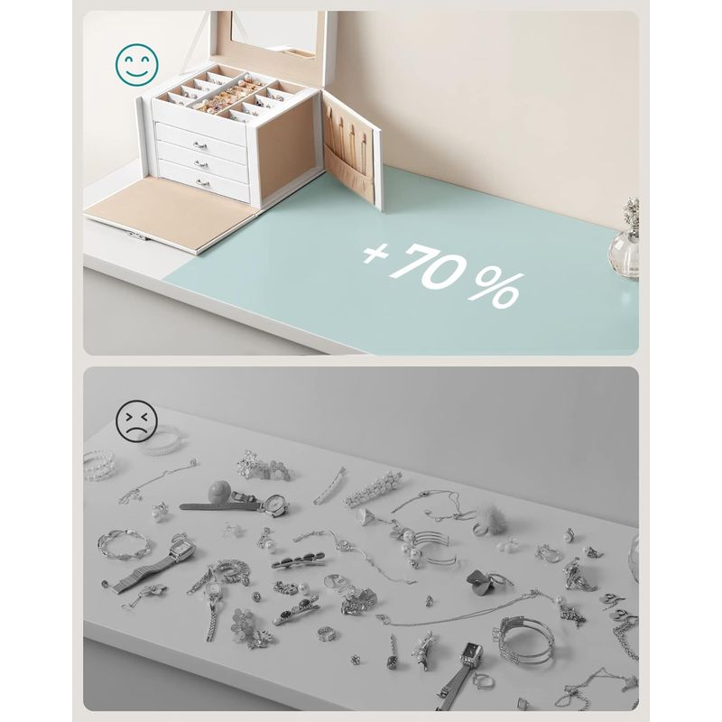 Fashion, accesorii si bijuterii - Femei - Bijuterii femei - Cutii bijuterii - Cutie de bijuterii cu 4 nivele, 3 sertare, oglinda si incuietoare, 18x23x17cm, alb - Infinity.ro