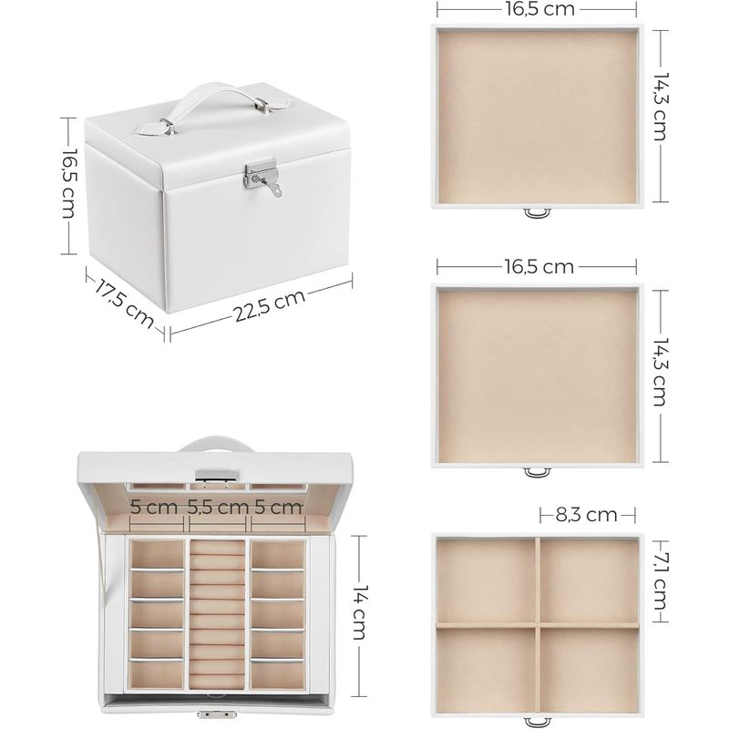 Fashion, accesorii si bijuterii - Femei - Bijuterii femei - Cutii bijuterii - Cutie de bijuterii cu 4 nivele, 3 sertare, oglinda si incuietoare, 18x23x17cm, alb - Infinity.ro