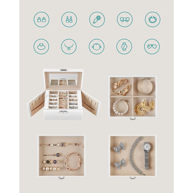 Fashion, accesorii si bijuterii - Femei - Bijuterii femei - Cutii bijuterii - Cutie de bijuterii cu 4 nivele, 3 sertare, oglinda si incuietoare, 18x23x17cm, alb - Infinity.ro