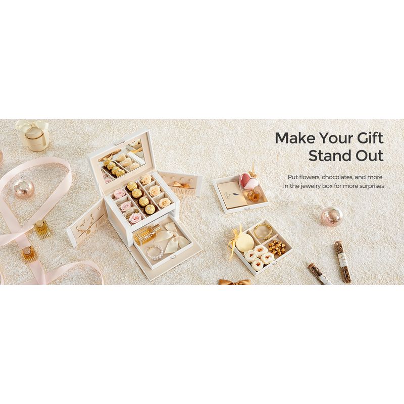 Fashion, accesorii si bijuterii - Femei - Bijuterii femei - Cutii bijuterii - Cutie de bijuterii cu 4 nivele, 3 sertare, oglinda si incuietoare, 18x23x17cm, alb - Infinity.ro