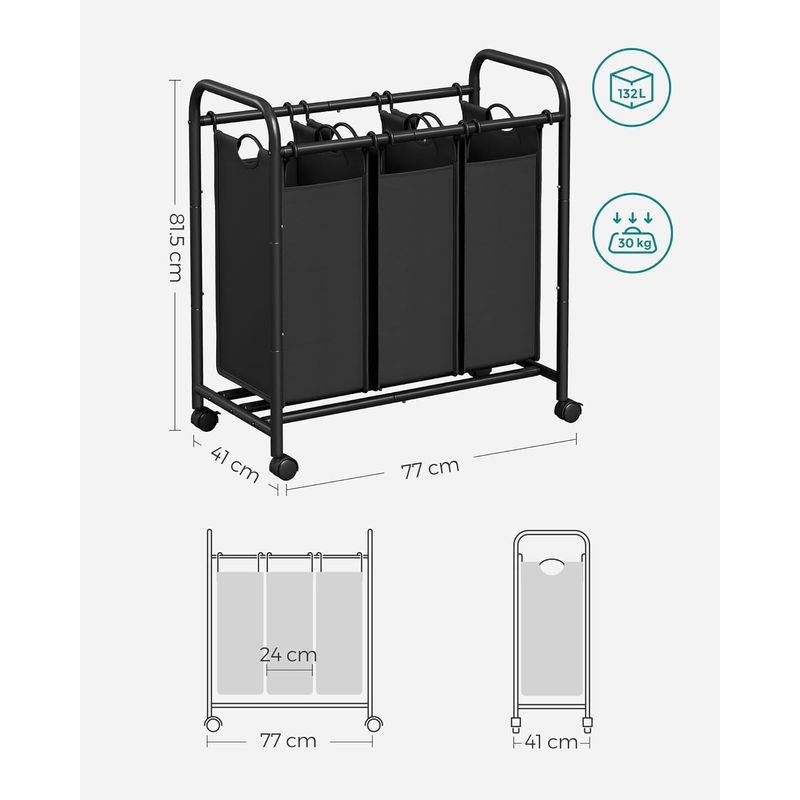Market - Spalare si intretinere rufe - Uscatoare de rufe si accesorii - Cos de rufe cu 3 saci detasabili, structura metalica pe roti, 3x44L, 77x41x82cm, negru - Infinity.ro