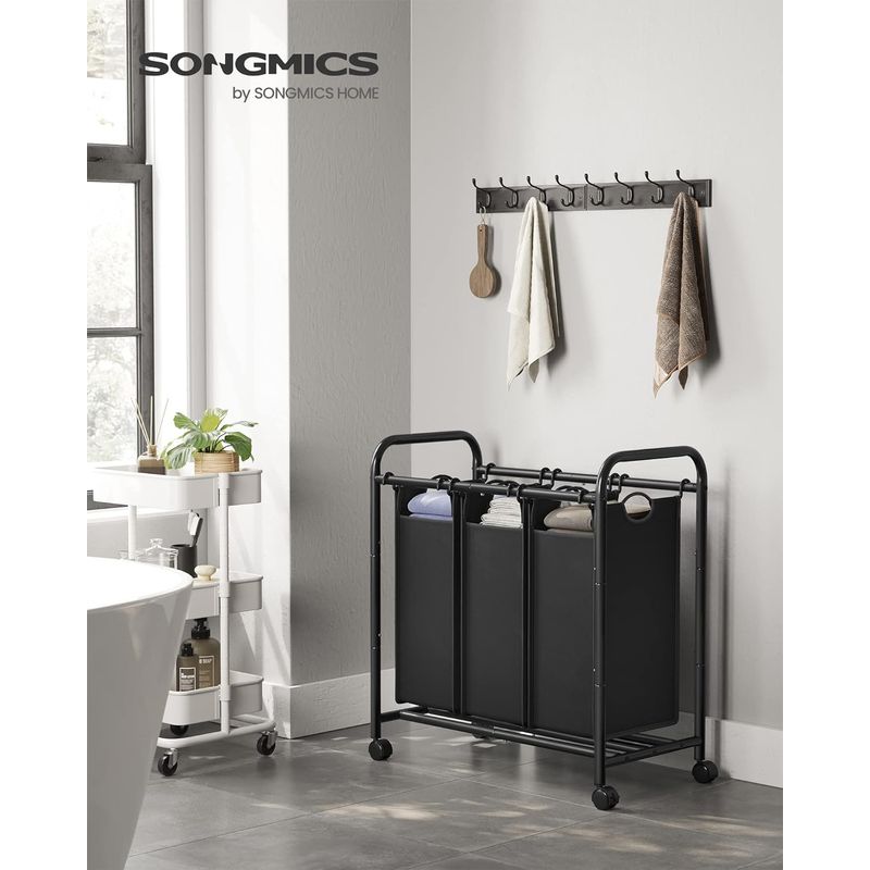 Market - Spalare si intretinere rufe - Uscatoare de rufe si accesorii - Cos de rufe cu 3 saci detasabili, structura metalica pe roti, 3x44L, 77x41x82cm, negru - Infinity.ro