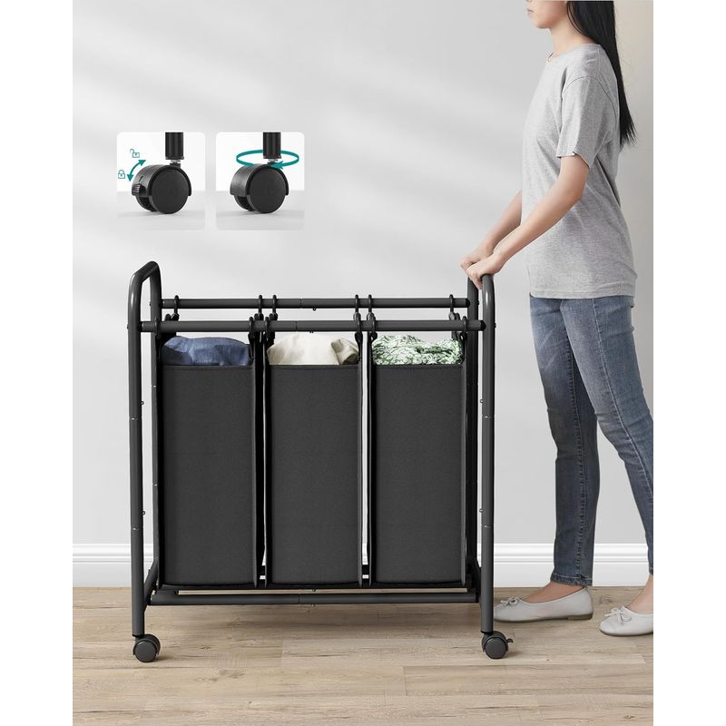 Market - Spalare si intretinere rufe - Uscatoare de rufe si accesorii - Cos de rufe cu 3 saci detasabili, structura metalica pe roti, 3x44L, 77x41x82cm, negru - Infinity.ro