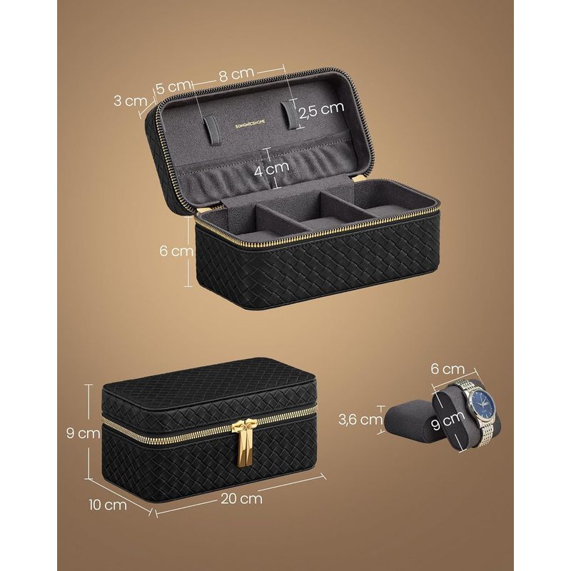 Casa si Gradina - Mobilier - Organizare si depozitare - Cutii depozitare - Cutie ceasuri Ronne Collection, pentru 3 ceasuri, piele PU aspect impletit, 10x20x9 cm, negru - Infinity.ro