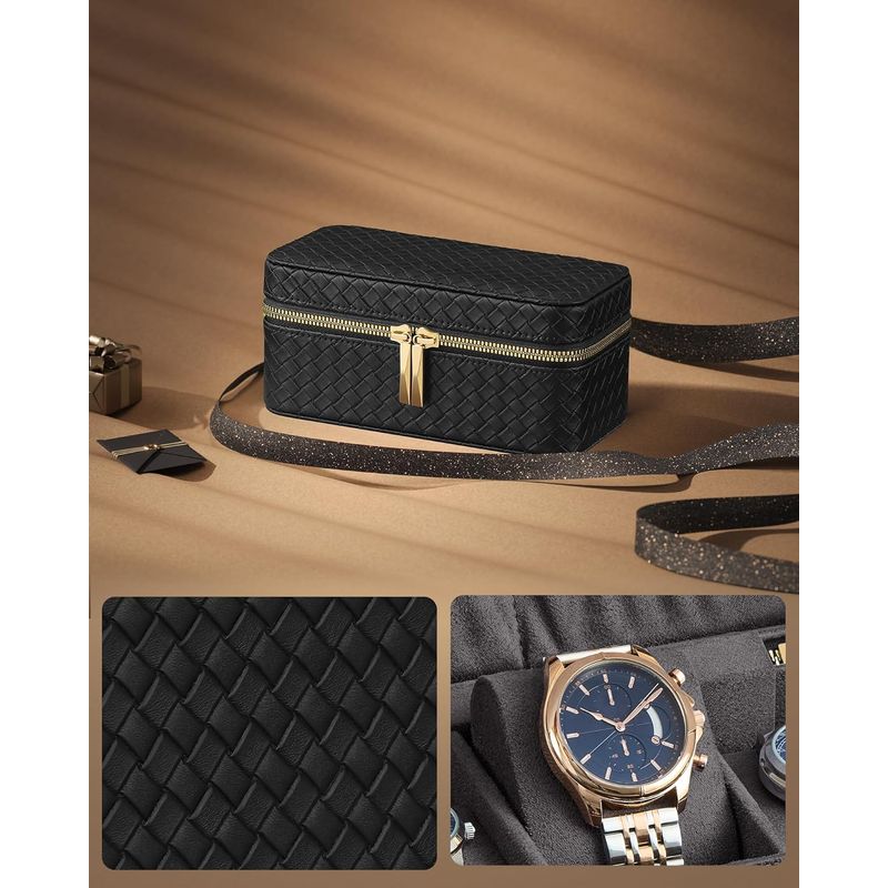 Casa si Gradina - Mobilier - Organizare si depozitare - Cutii depozitare - Cutie ceasuri Ronne Collection, pentru 3 ceasuri, piele PU aspect impletit, 10x20x9 cm, negru - Infinity.ro