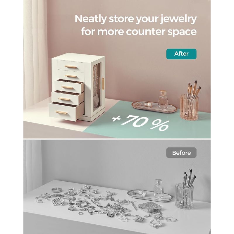 Casa si Gradina - Mobilier - Organizare si depozitare - Cutii depozitare - Cutie bijuterii rotativa 360A°, cu 5 sertare si ferestre, MDF si catifea, 22x16x29 cm, alb - Infinity.ro