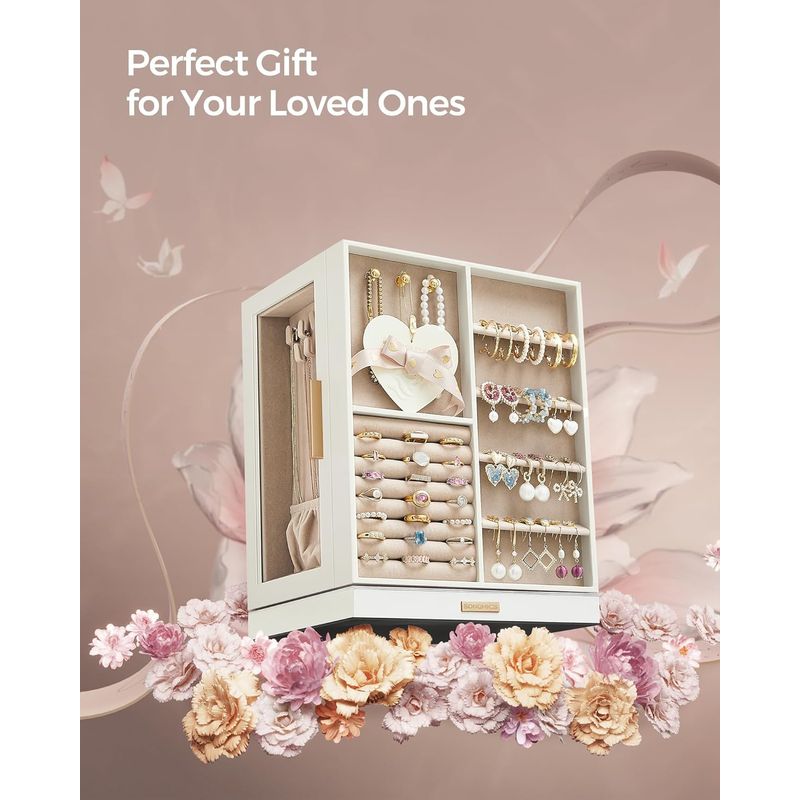 Casa si Gradina - Mobilier - Organizare si depozitare - Cutii depozitare - Cutie bijuterii rotativa 360A°, cu 5 sertare si ferestre, MDF si catifea, 22x16x29 cm, alb - Infinity.ro