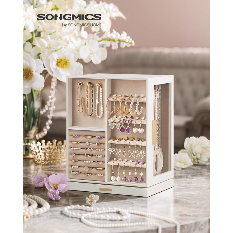 Casa si Gradina - Mobilier - Organizare si depozitare - Cutii depozitare - Cutie bijuterii rotativa 360A°, cu 5 sertare si ferestre, MDF si catifea, 22x16x29 cm, alb - Infinity.ro