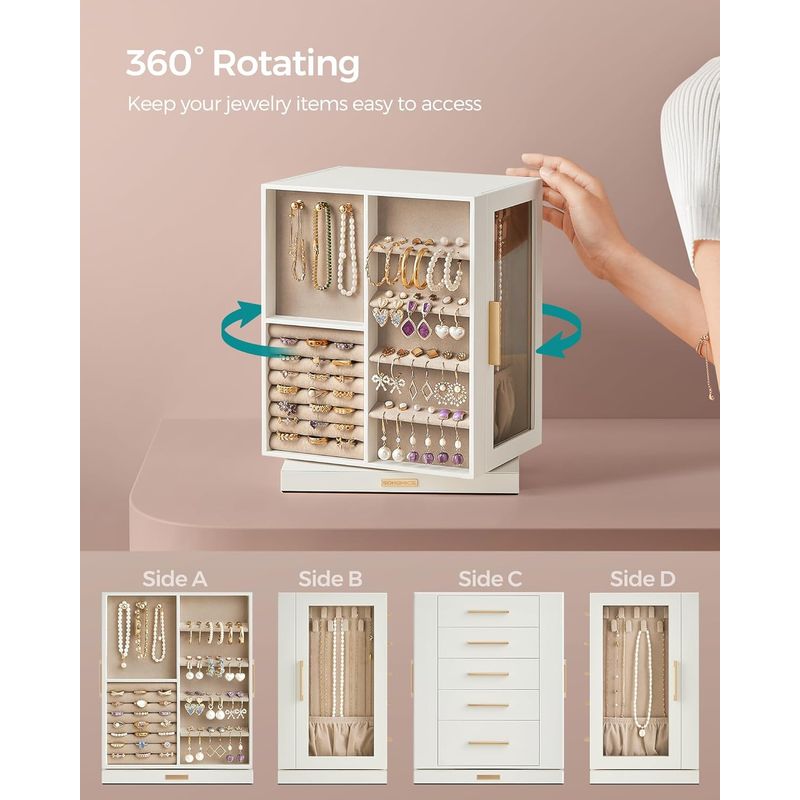 Casa si Gradina - Mobilier - Organizare si depozitare - Cutii depozitare - Cutie bijuterii rotativa 360A°, cu 5 sertare si ferestre, MDF si catifea, 22x16x29 cm, alb - Infinity.ro