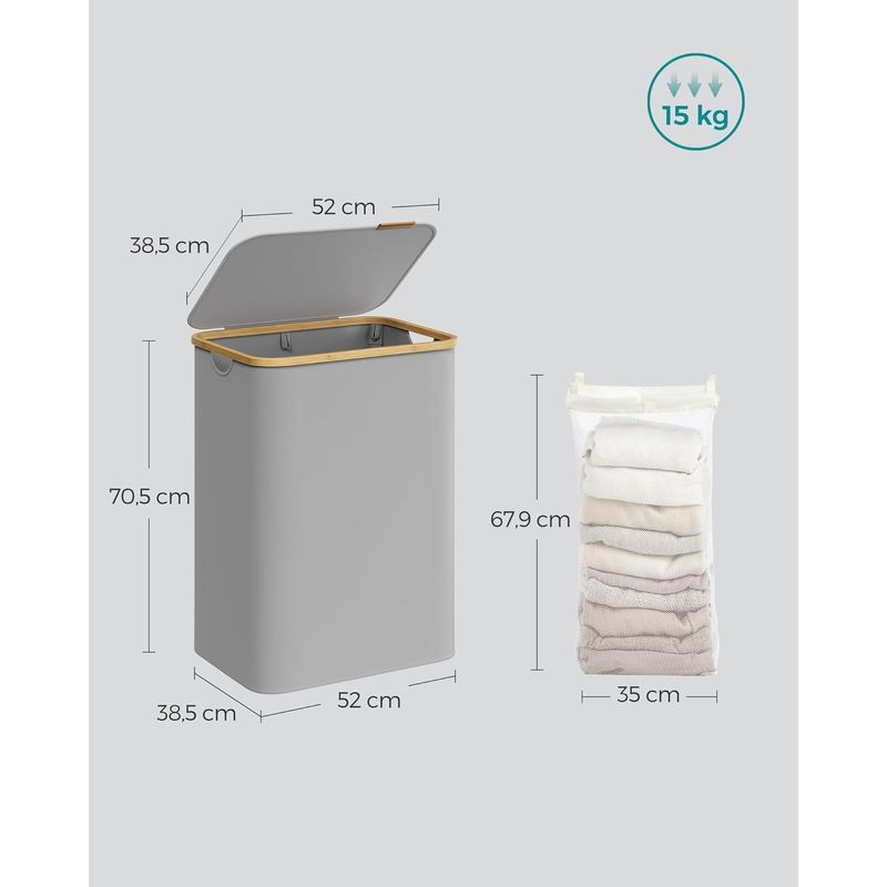 Market - Spalare si intretinere rufe - Uscatoare de rufe si accesorii - Cos de rufe textil, pliabil, cu 2 compartimente detasabile, 130L, 52x39x71 cm, gri - Infinity.ro