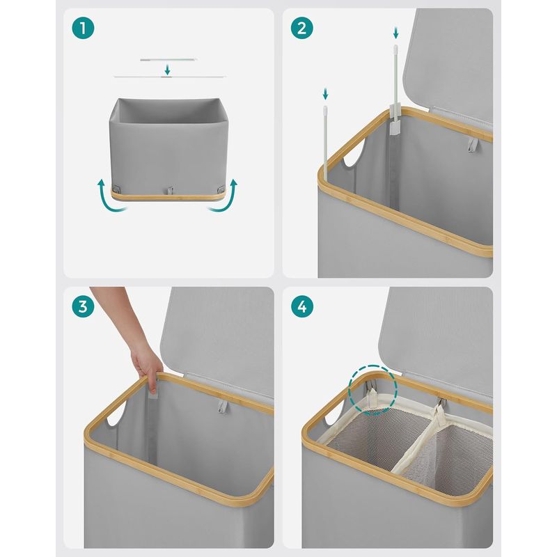 Market - Spalare si intretinere rufe - Uscatoare de rufe si accesorii - Cos de rufe textil, pliabil, cu 2 compartimente detasabile, 130L, 52x39x71 cm, gri - Infinity.ro