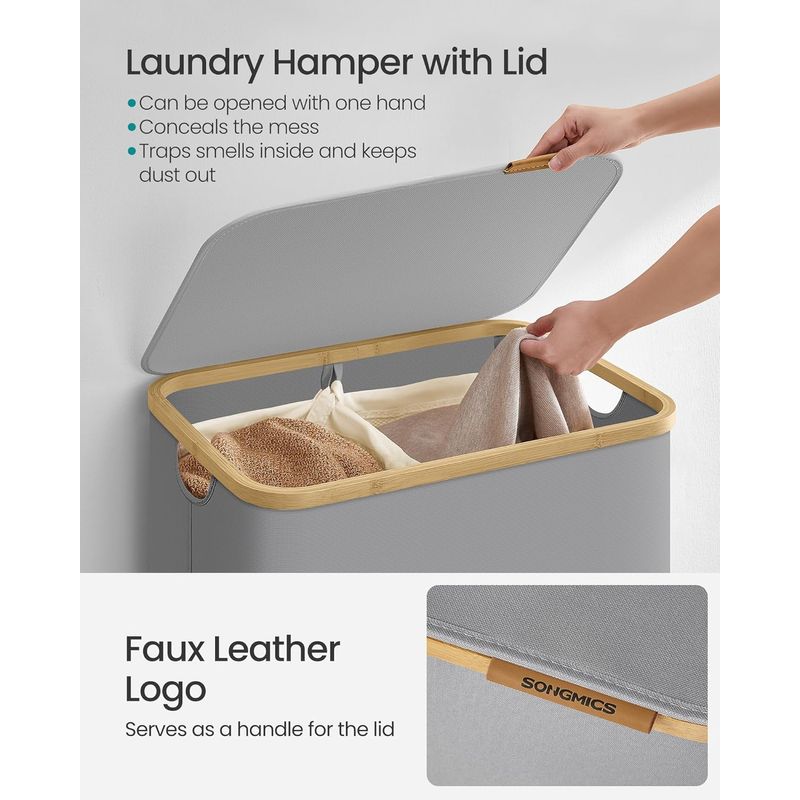 Market - Spalare si intretinere rufe - Uscatoare de rufe si accesorii - Cos de rufe textil, pliabil, cu 2 compartimente detasabile, 130L, 52x39x71 cm, gri - Infinity.ro