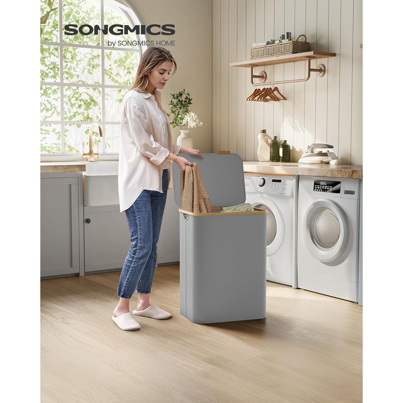 Market - Spalare si intretinere rufe - Uscatoare de rufe si accesorii - Cos de rufe textil, pliabil, cu 2 compartimente detasabile, 130L, 52x39x71 cm, gri - Infinity.ro