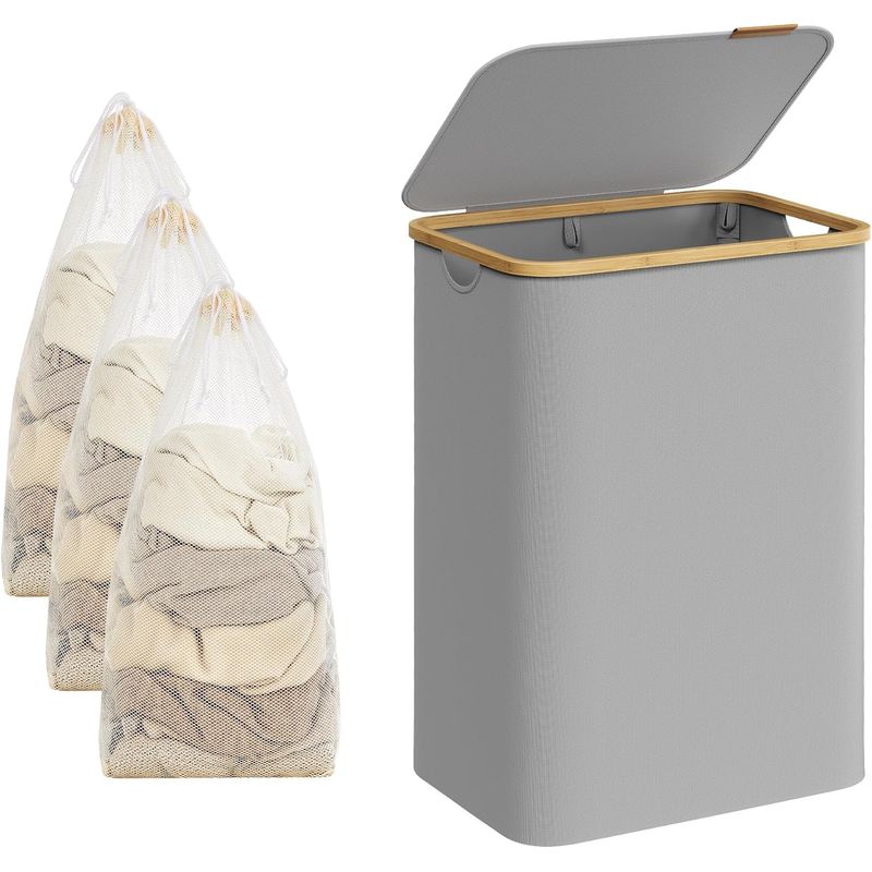 Market - Spalare si intretinere rufe - Uscatoare de rufe si accesorii - Cos de rufe textil, pliabil, cu 2 compartimente detasabile, 130L, 52x39x71 cm, gri - Infinity.ro