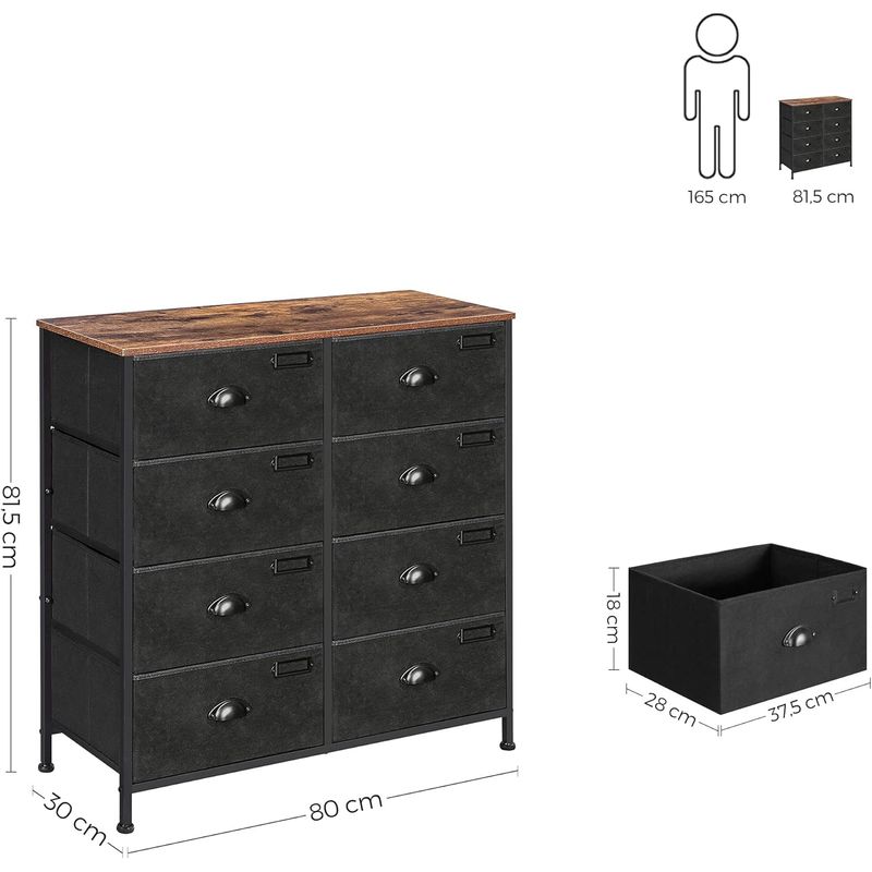 Casa si Gradina - Mobilier - Comode si corpuri - Comode - Comoda cu cadru metalic si 8 sertare din textil, stil industrial, 80x30x82cm, maro rustic si negru - Infinity.ro