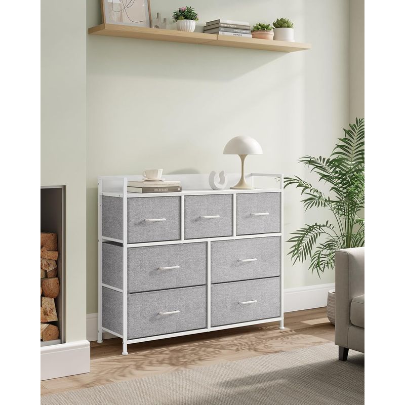 Casa si Gradina - Mobilier - Comode si corpuri - Comode - Comoda cu cadru metalic si 7 sertare din stofa, 29x98x85 cm , gri si alb - Infinity.ro