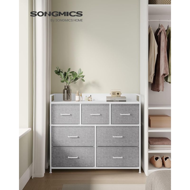 Casa si Gradina - Mobilier - Comode si corpuri - Comode - Comoda cu cadru metalic si 7 sertare din stofa, 29x98x85 cm , gri si alb - Infinity.ro