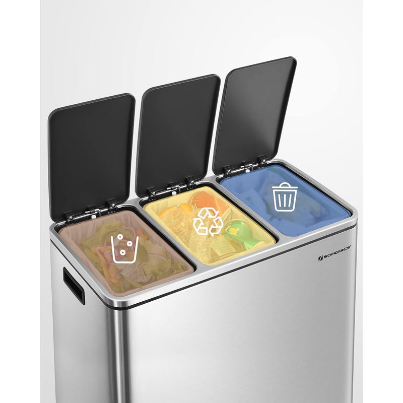 Casa si Gradina - Mobilier - Organizare si depozitare - Cosuri de gunoi - Cos de gunoi din inox cu 3 compartimente colectare selectiva, cu galeti interioare, 3x18litri, argintiu si negru - Infinity.ro