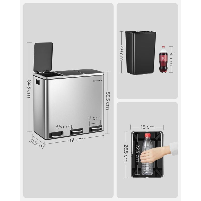 Casa si Gradina - Mobilier - Organizare si depozitare - Cosuri de gunoi - Cos de gunoi din inox cu 3 compartimente colectare selectiva, cu galeti interioare, 3x18litri, argintiu si negru - Infinity.ro