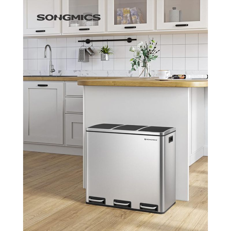 Casa si Gradina - Mobilier - Organizare si depozitare - Cosuri de gunoi - Cos de gunoi din inox cu 3 compartimente colectare selectiva, cu galeti interioare, 3x18litri, argintiu si negru - Infinity.ro