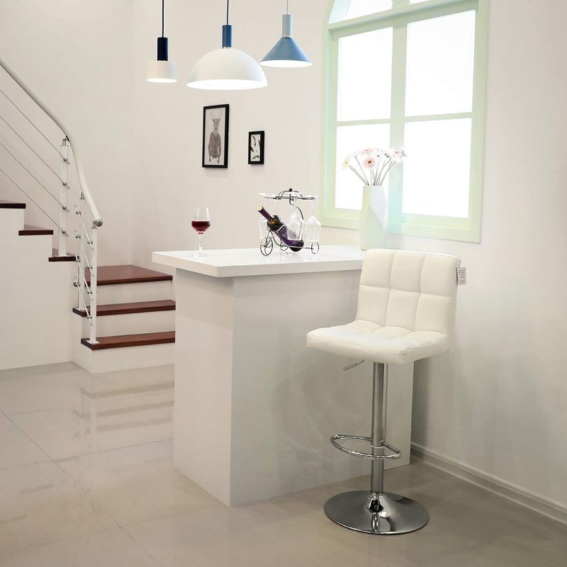 Casa si Gradina - Mobilier - Scaune si fotolii - Scaune - Set 2 scaune bar reglabile pe inaltime, cu spatar, sezut PU si suport picioare, rotatie 360A°, 38x45x115 cm, alb - Infinity.ro