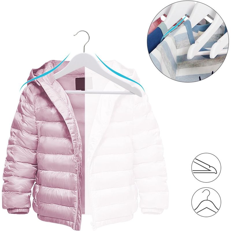 Casa si Gradina - Mobilier - Organizare si depozitare - Umerase si valeti - Umerase copii 35x20 cm, set 20 buc, lemn masiv cu bara pentru pantaloni si carlig rotativ, alb - Infinity.ro