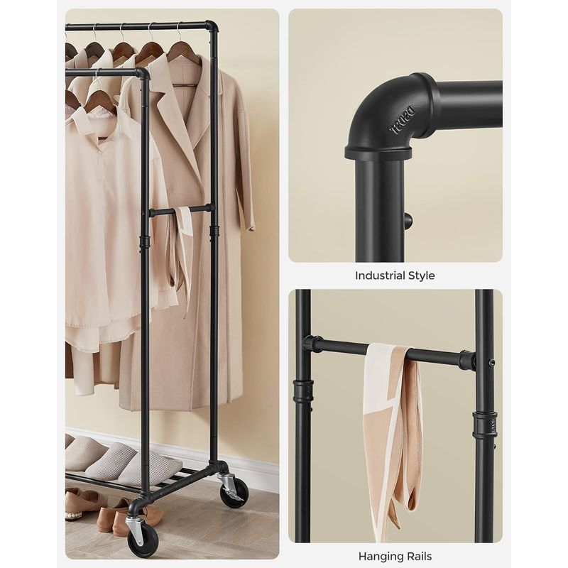 Casa si Gradina - Mobilier - Organizare si depozitare - Cuiere - Suport pentru haine, cu raft si sine de agatat duble, cadru metalic, cu roti, 59x100x162cm, industrial, negru - Infinity.ro