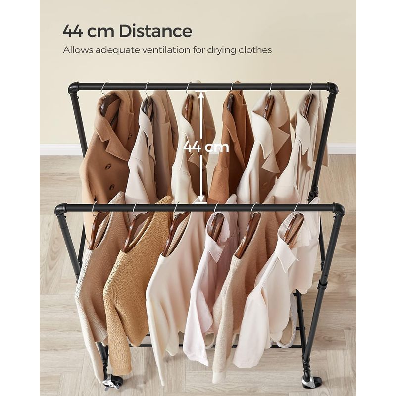 Casa si Gradina - Mobilier - Organizare si depozitare - Cuiere - Suport pentru haine, cu raft si sine de agatat duble, cadru metalic, cu roti, 59x100x162cm, industrial, negru - Infinity.ro