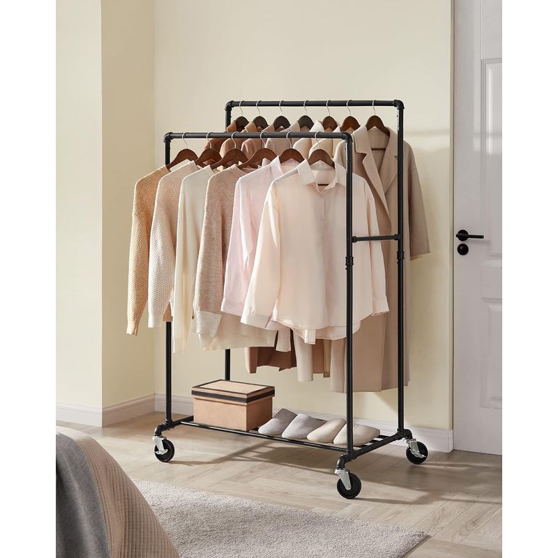 Casa si Gradina - Mobilier - Organizare si depozitare - Cuiere - Suport pentru haine, cu raft si sine de agatat duble, cadru metalic, cu roti, 59x100x162cm, industrial, negru - Infinity.ro