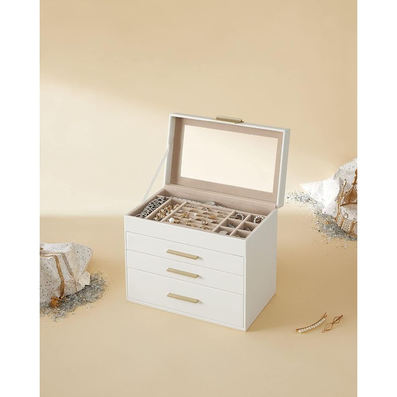 Casa si Gradina - Mobilier - Organizare si depozitare - Cutii depozitare - Cutie de bijuterii cu 4 nivele, 3 sertare, capac din sticla, 22x25x15cm, alb si auriu - Infinity.ro